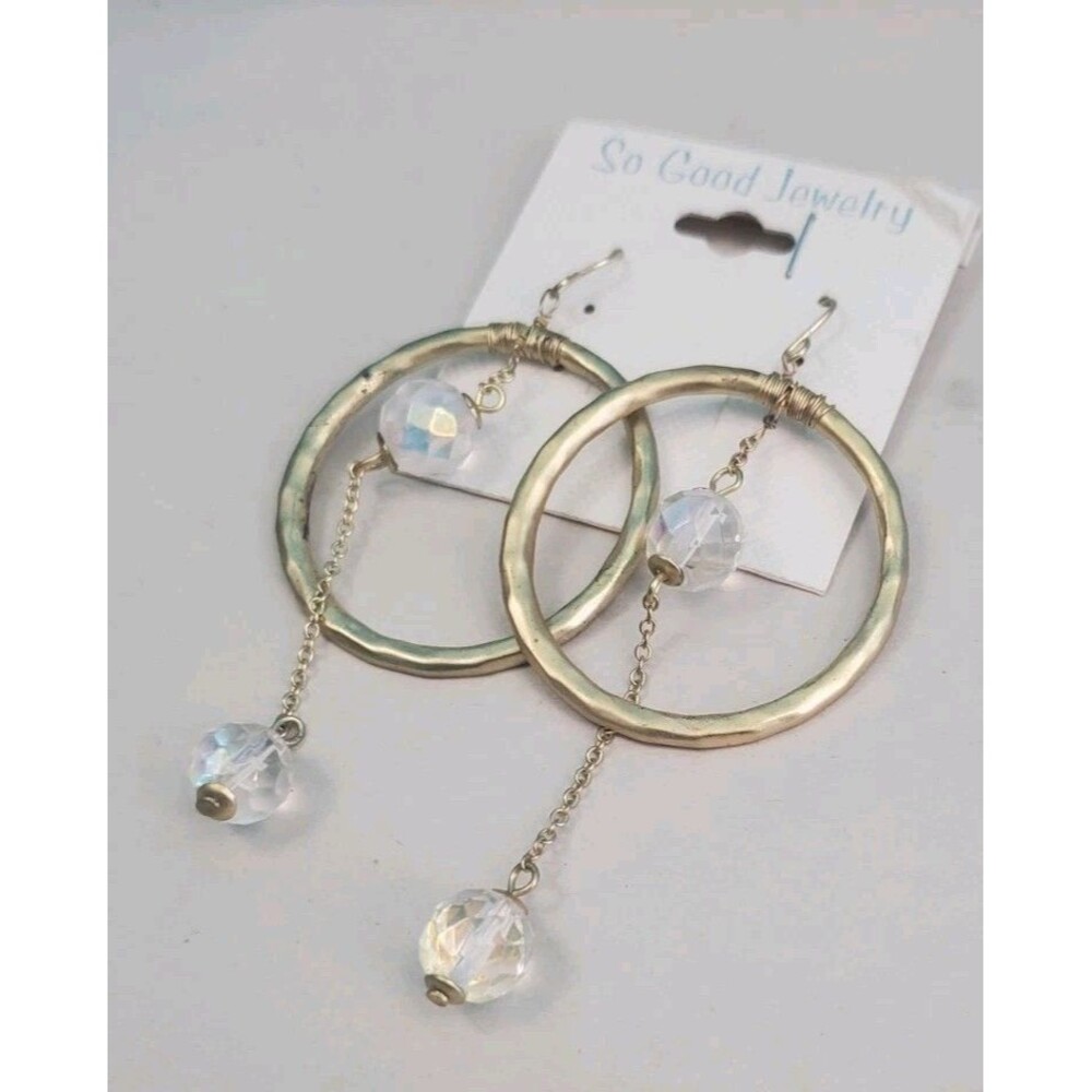 Gold Tone Hoop Ring Dangle Earrings Iridescent Crystal Chain Drop Boho Y2k